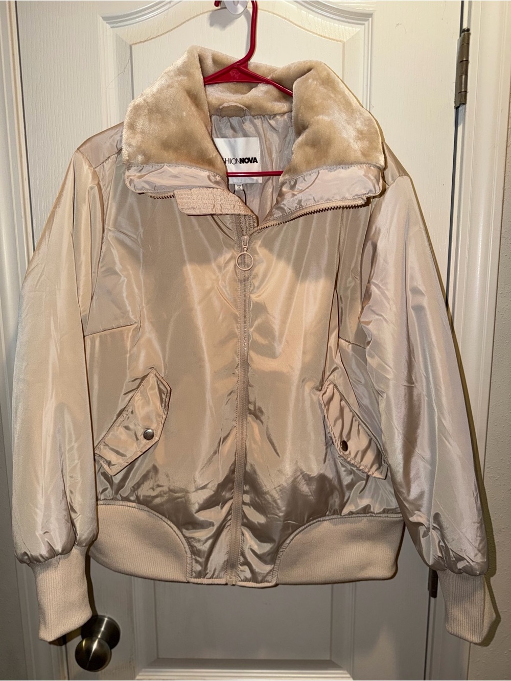 Fashion Nova Champagne Satin Bomber Jacket with Faux Fur Collar